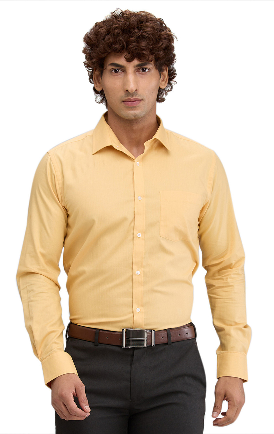 Image of PARK AVENUE Men Self Design Formal Yellow Shirt