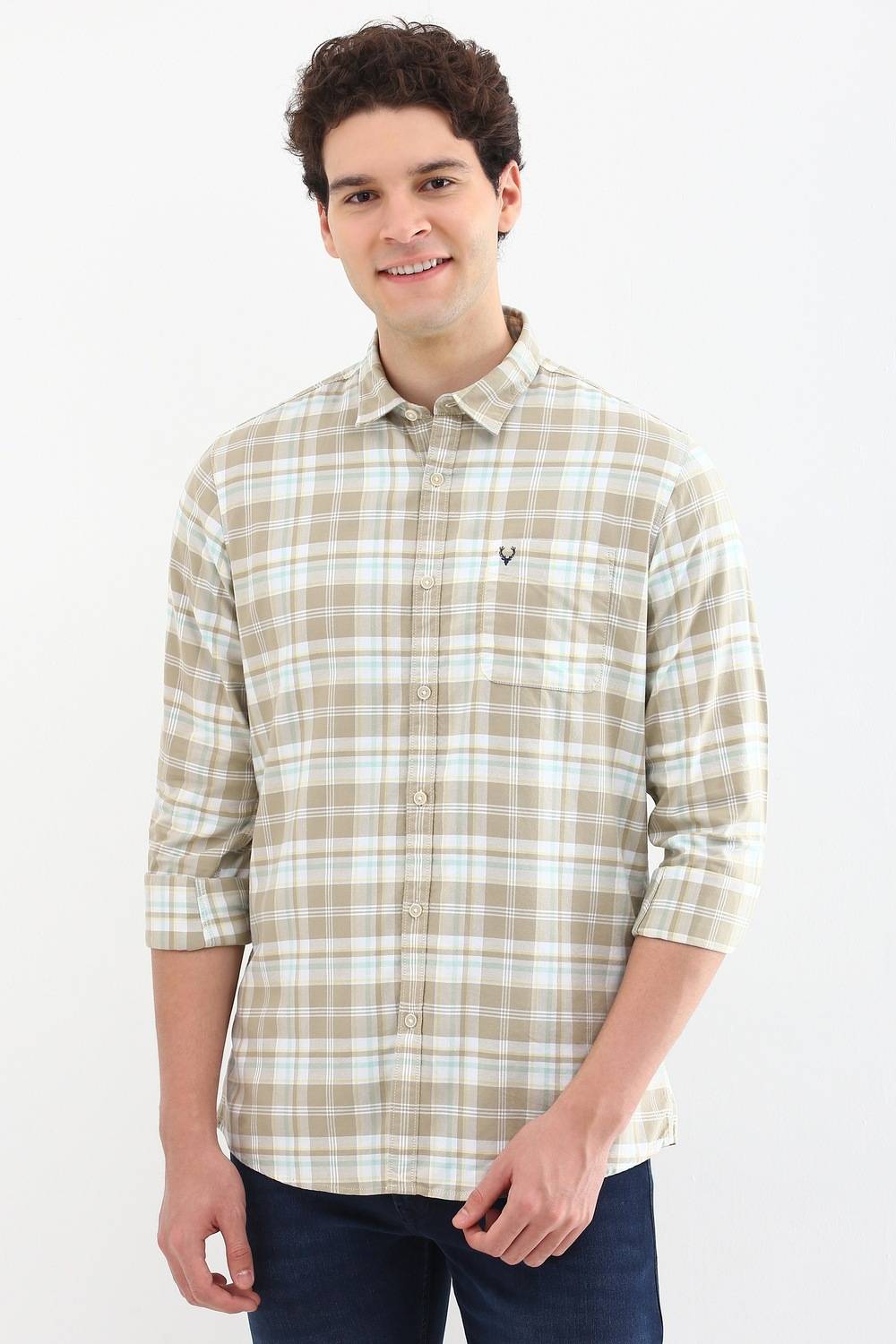 Allen Solly Men Checkered Casual Beige Shirt
