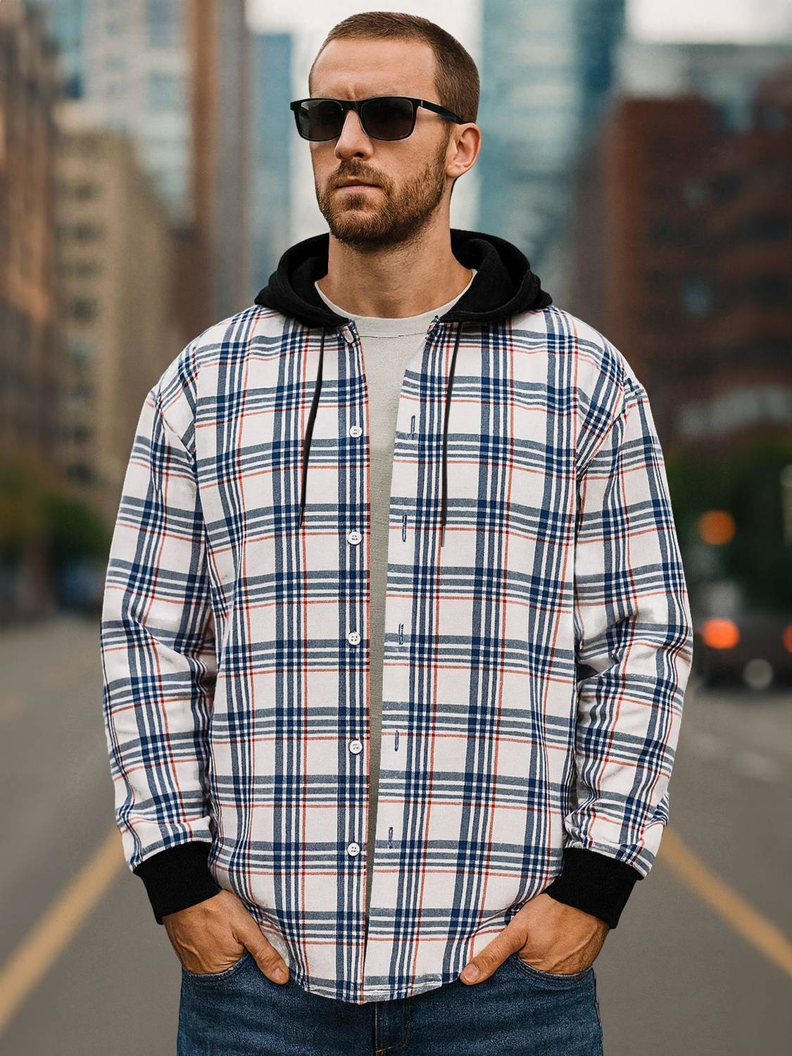 EyeBogler Men Regular Fit Checkered Hood Collar Casual Shirt