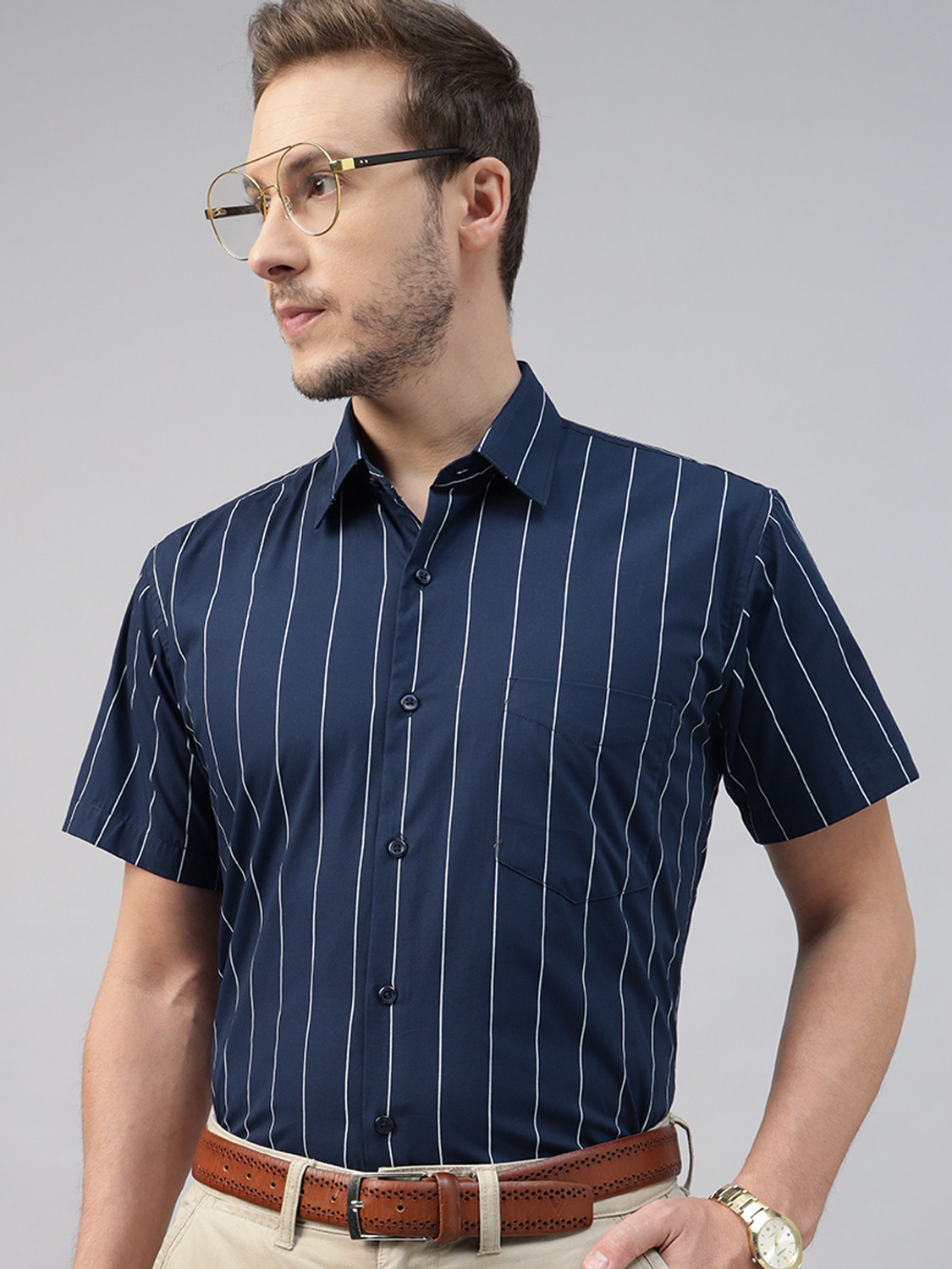 Image of Hancock Men Striped Formal Dark Blue Shirt