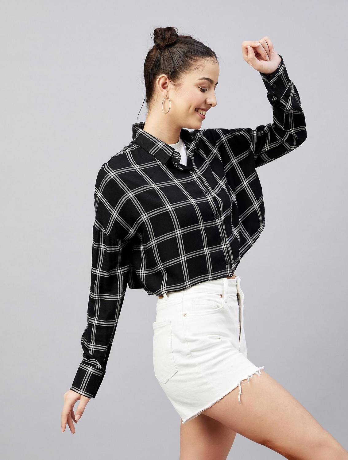 Chimpaaanzee Women Checkered Casual Black Shirt