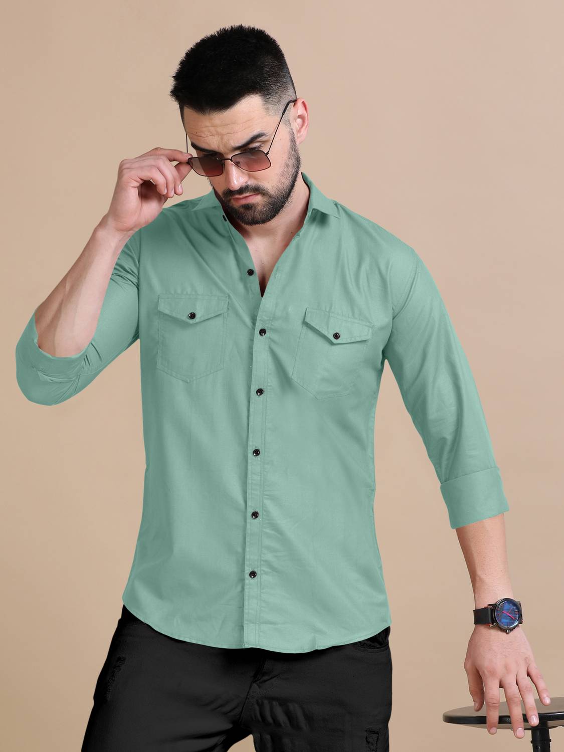 BroMiyO Men Solid Casual Light Green Shirt