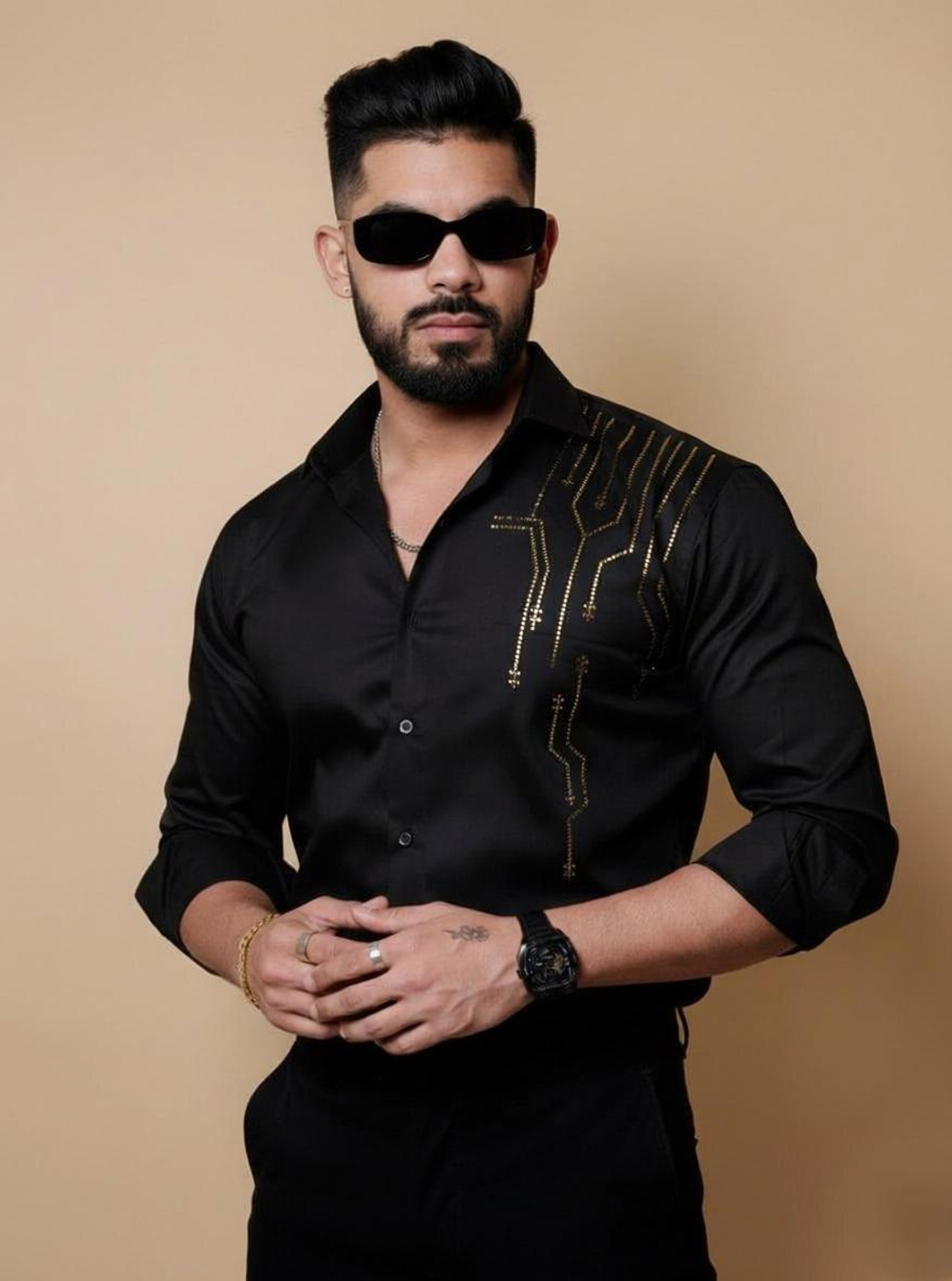 Image of YUVIRA Men Solid, Embellished Party Black Shirt