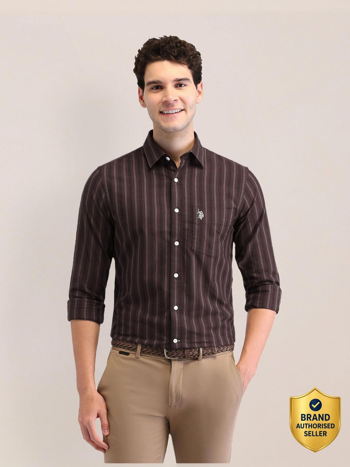 Image of U.S. POLO ASSN. Men Striped Casual Brown Shirt