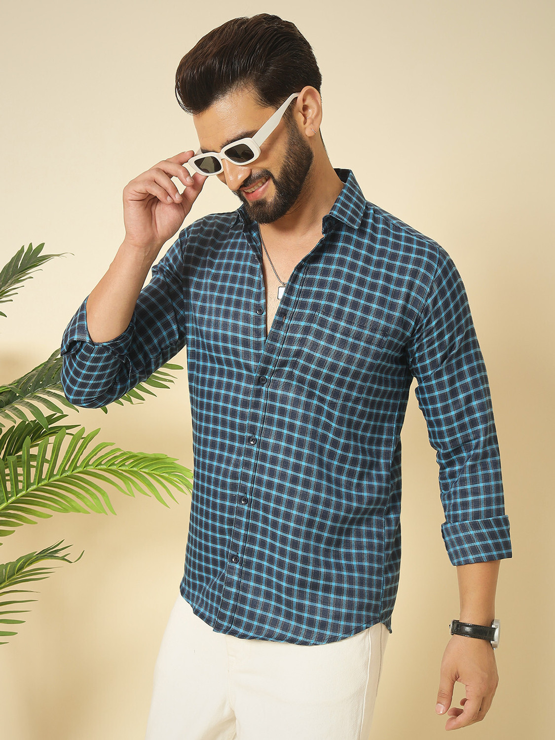 Image of youth first Men Checkered Casual Brown, Blue Shirt