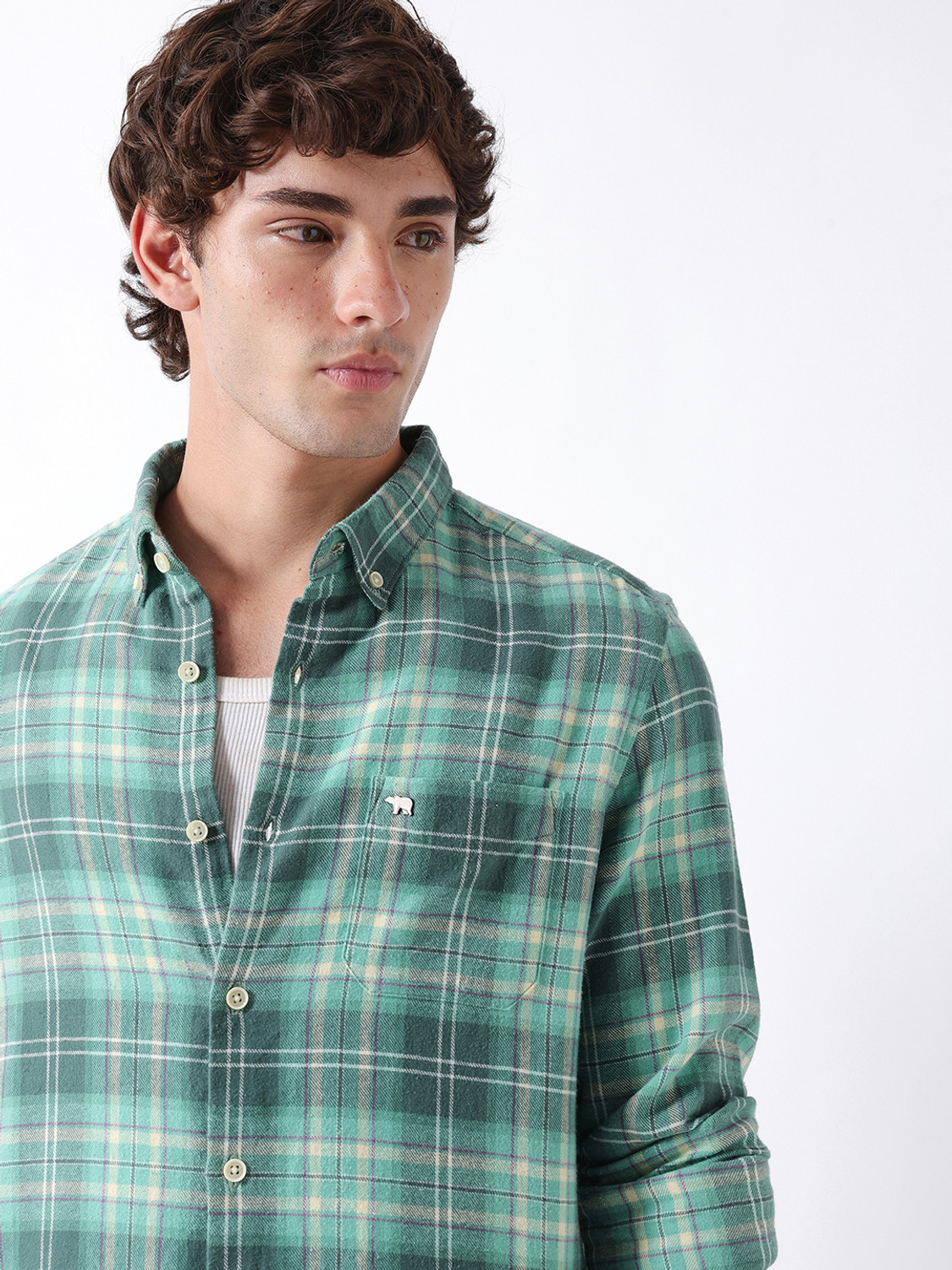Image of THE BEAR HOUSE Men Checkered Casual Green Shirt