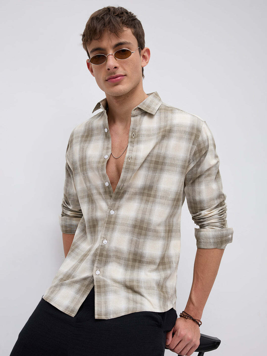 Image of VASTRADO Men Checkered Casual Brown Shirt