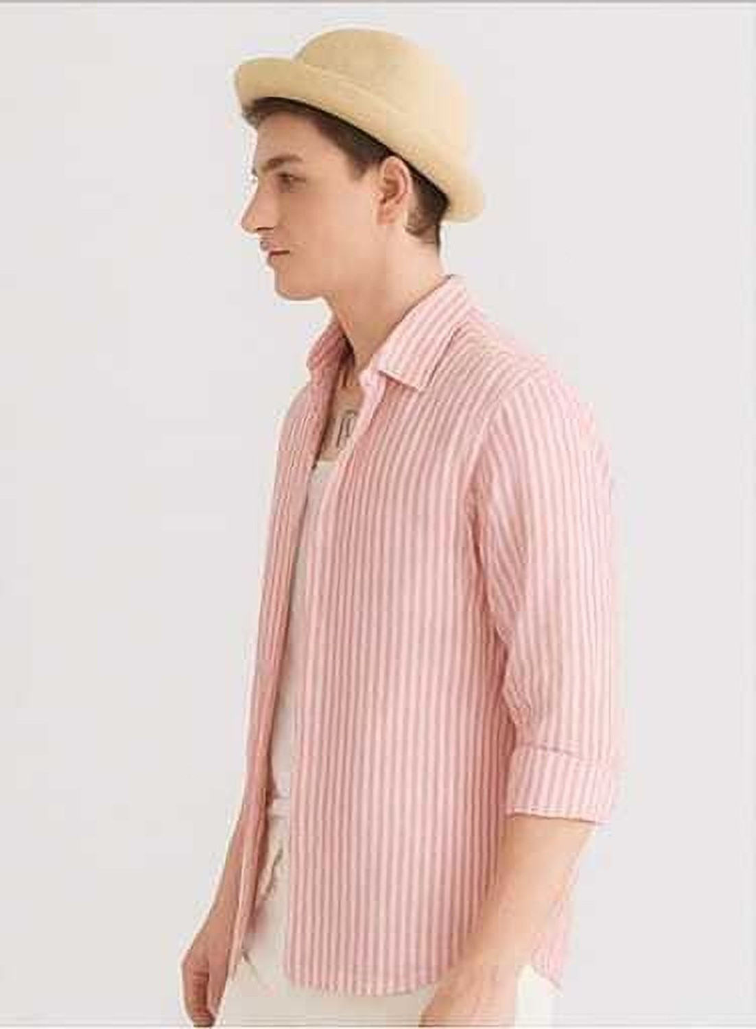 Image of KRM Men Striped Casual Pink, White Shirt