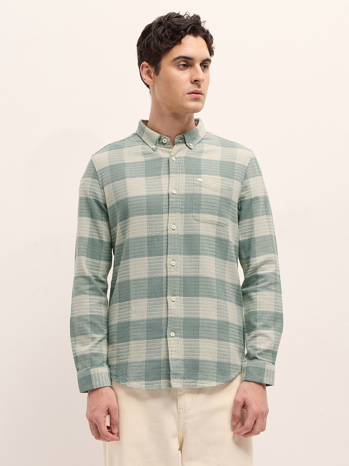 Image of THE BEAR HOUSE Men Checkered Casual Green Shirt