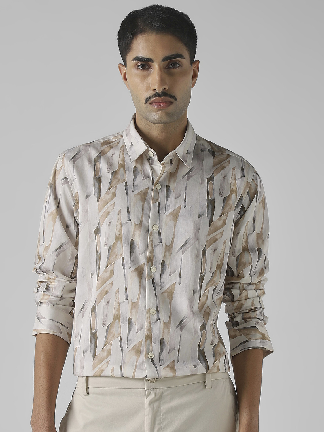 Image of MUFTI Men Printed Casual Beige, White Shirt