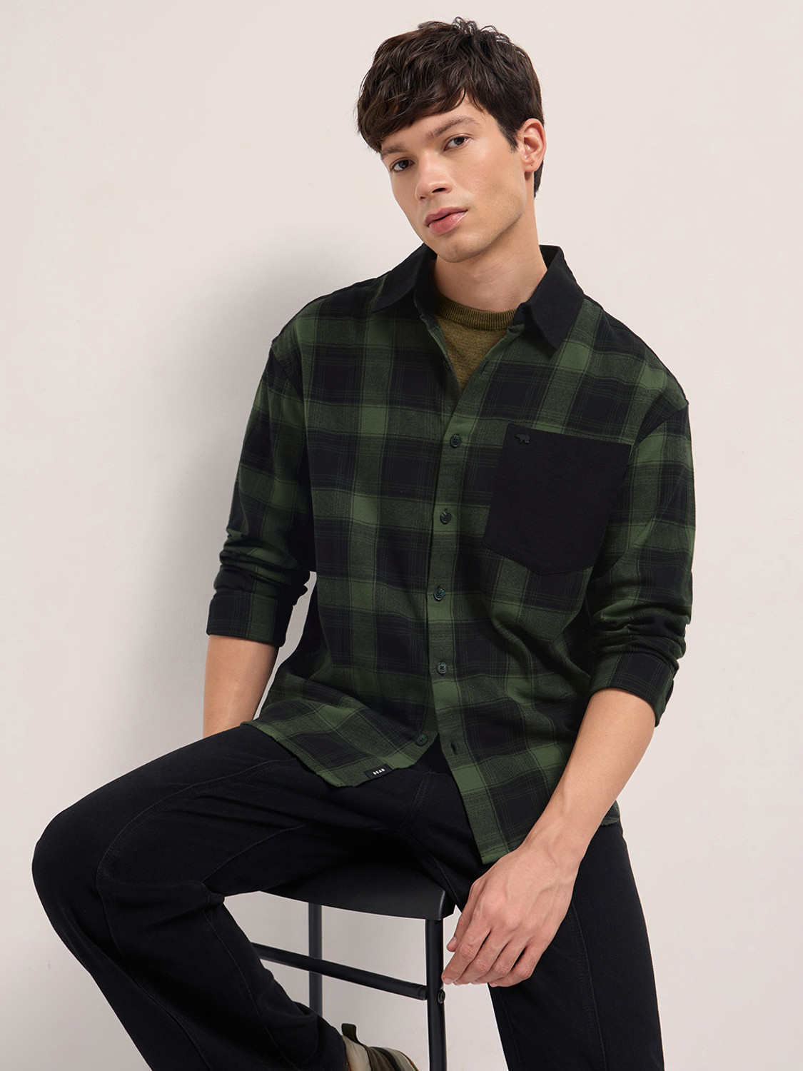 Image of THE BEAR HOUSE Men Checkered Casual Green Shirt
