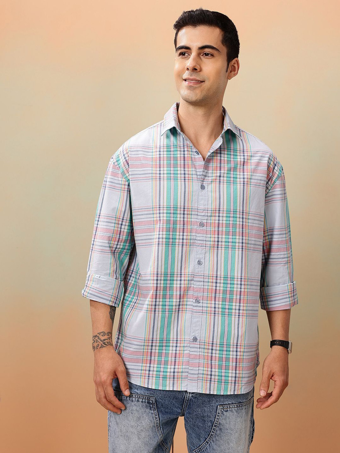 Image of Mast & Harbour Men Checkered Casual Blue Shirt