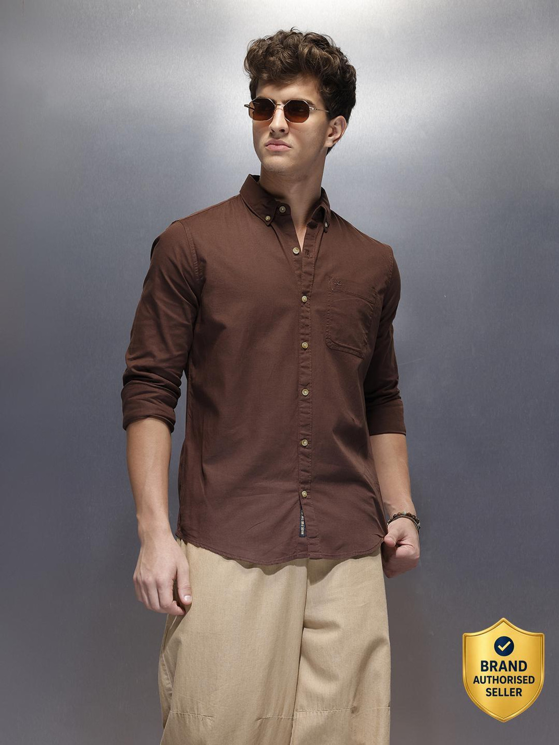 Image of WROGN Men Solid Casual Brown Shirt
