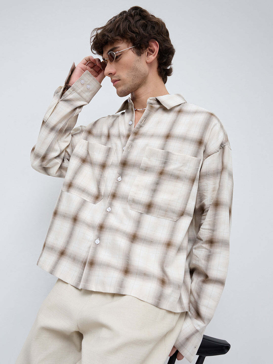 Image of VASTRADO Men Checkered Casual Beige Shirt