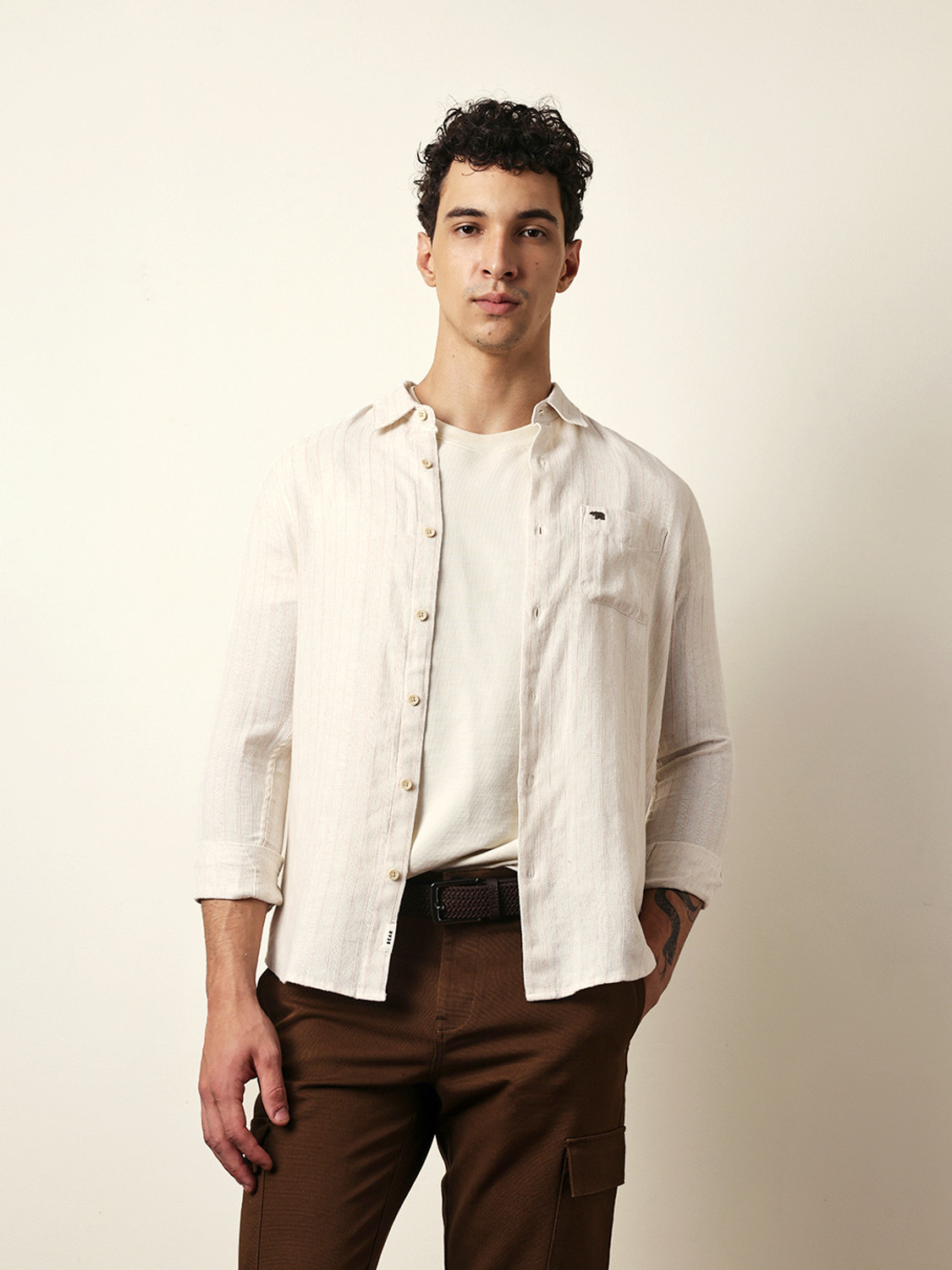 Image of THE BEAR HOUSE Men Striped Casual Cream Shirt