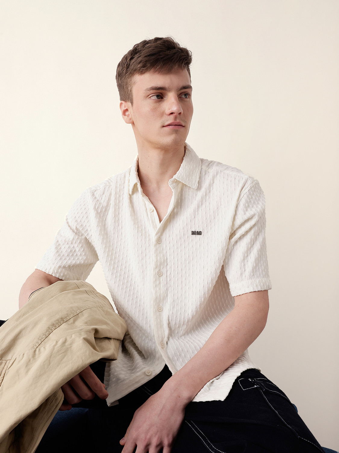 Image of THE BEAR HOUSE Men Self Design Casual White Shirt