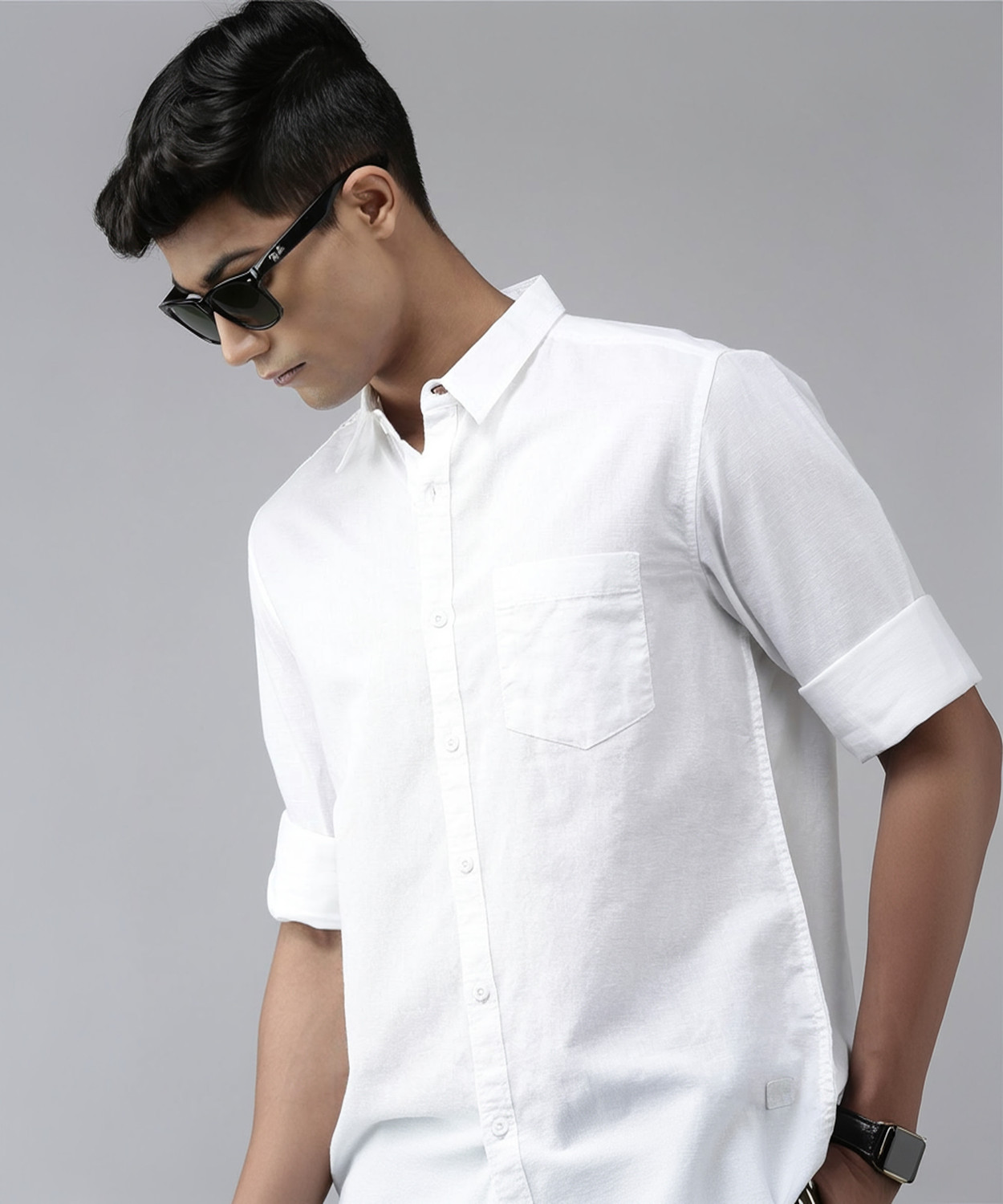 Image of Roadster Men Solid Casual White Shirt