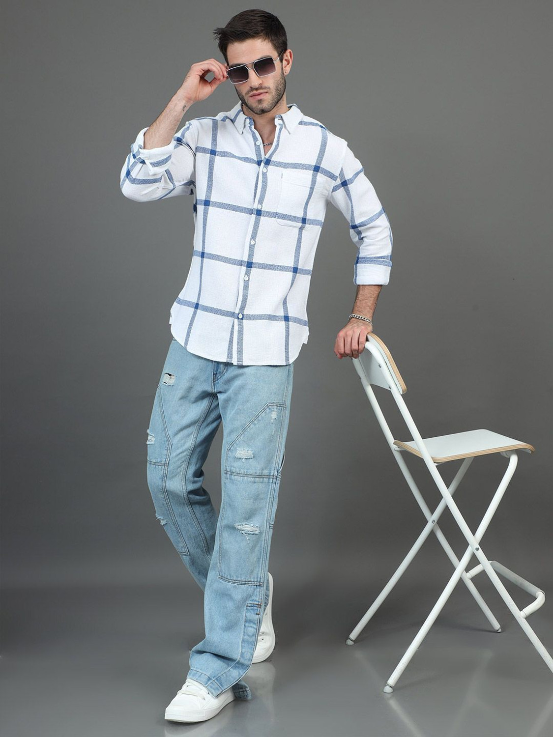 Image of HERE&NOW Men Checkered Casual White Shirt