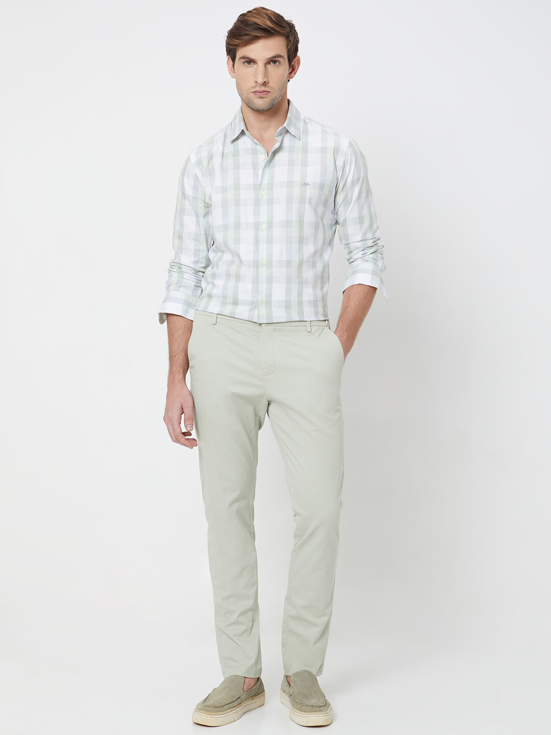 Image of MUFTI Men Checkered Casual Grey, Light Green, White Shirt
