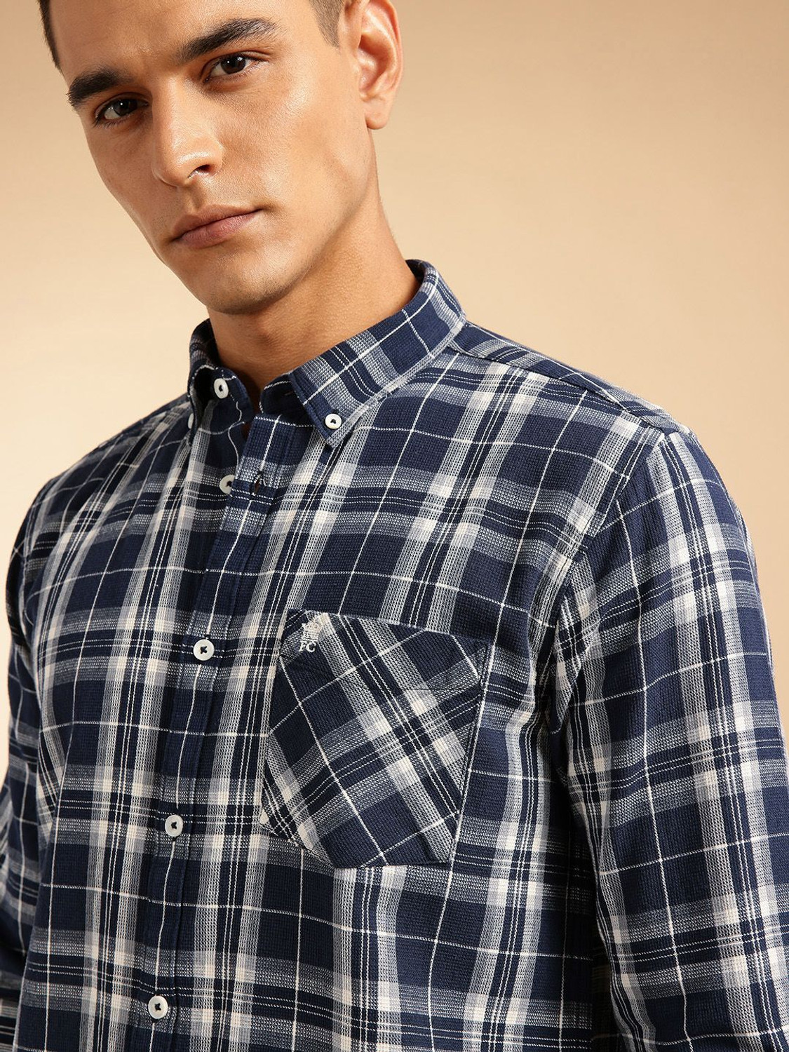 Image of French Connection Men Checkered Casual Blue Shirt