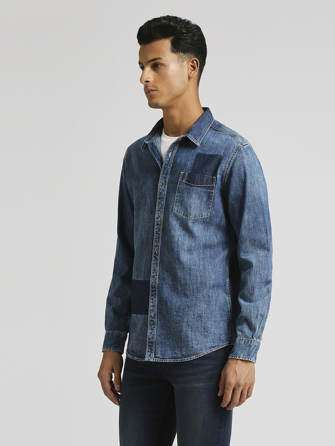 Image of Pepe Jeans Men Washed Casual Blue Shirt