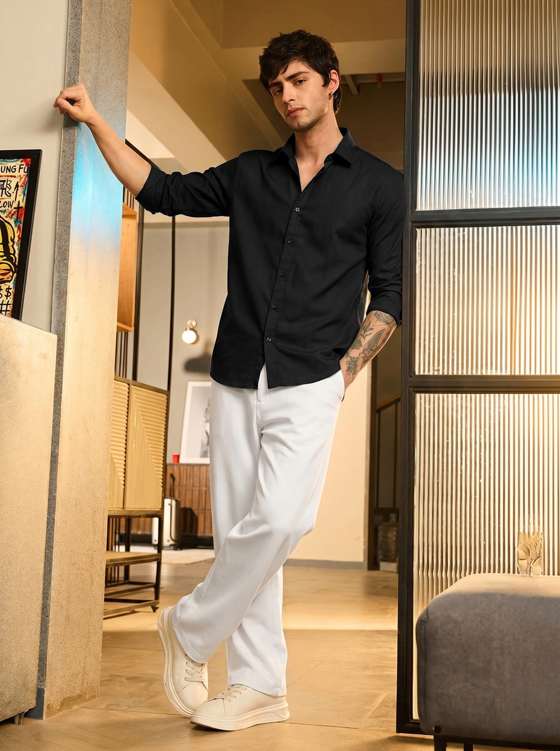 Image of VELLOSTA Men Solid Casual Black Shirt