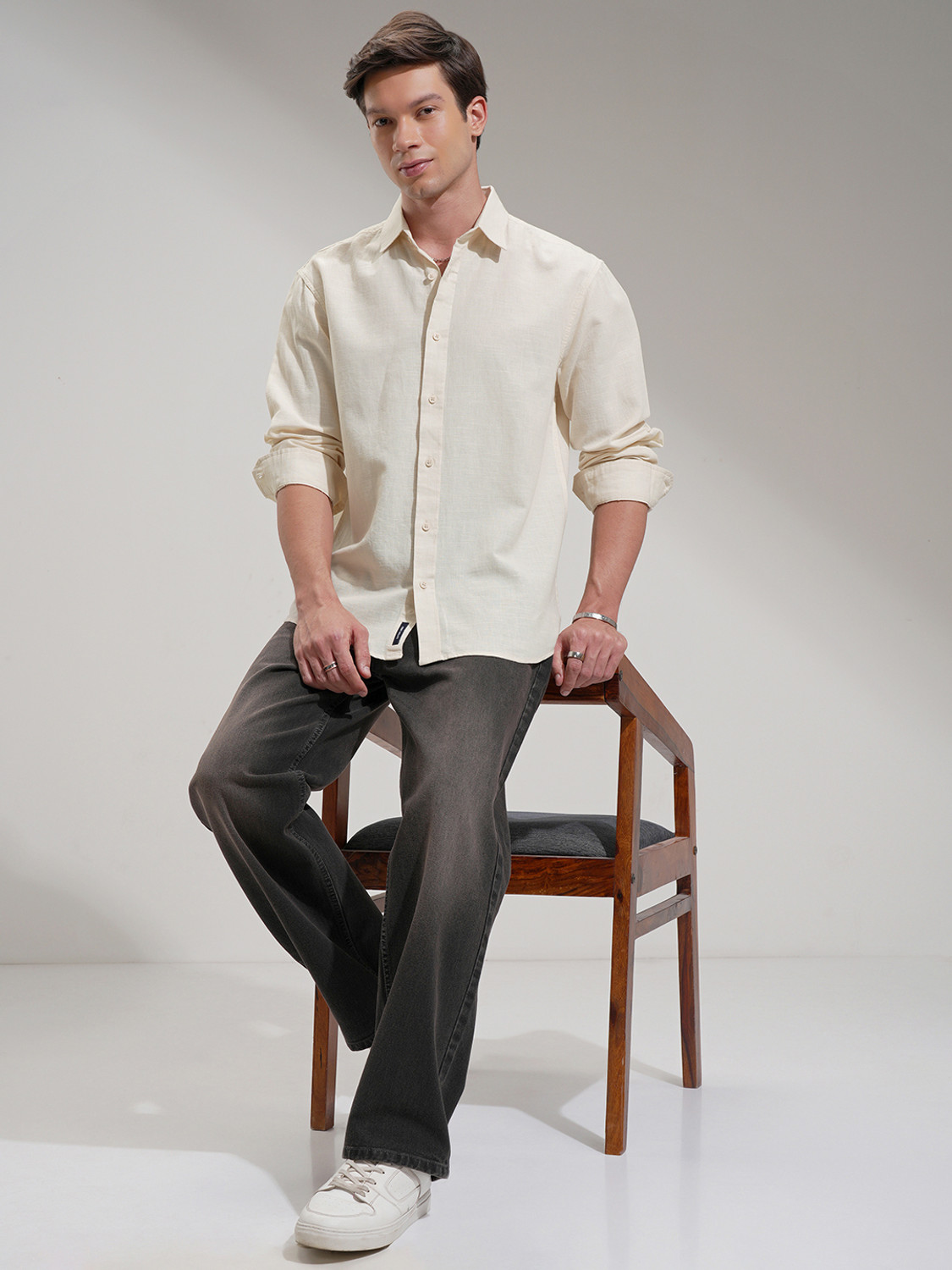 Image of HIGHLANDER Men Self Design Casual Cream Shirt