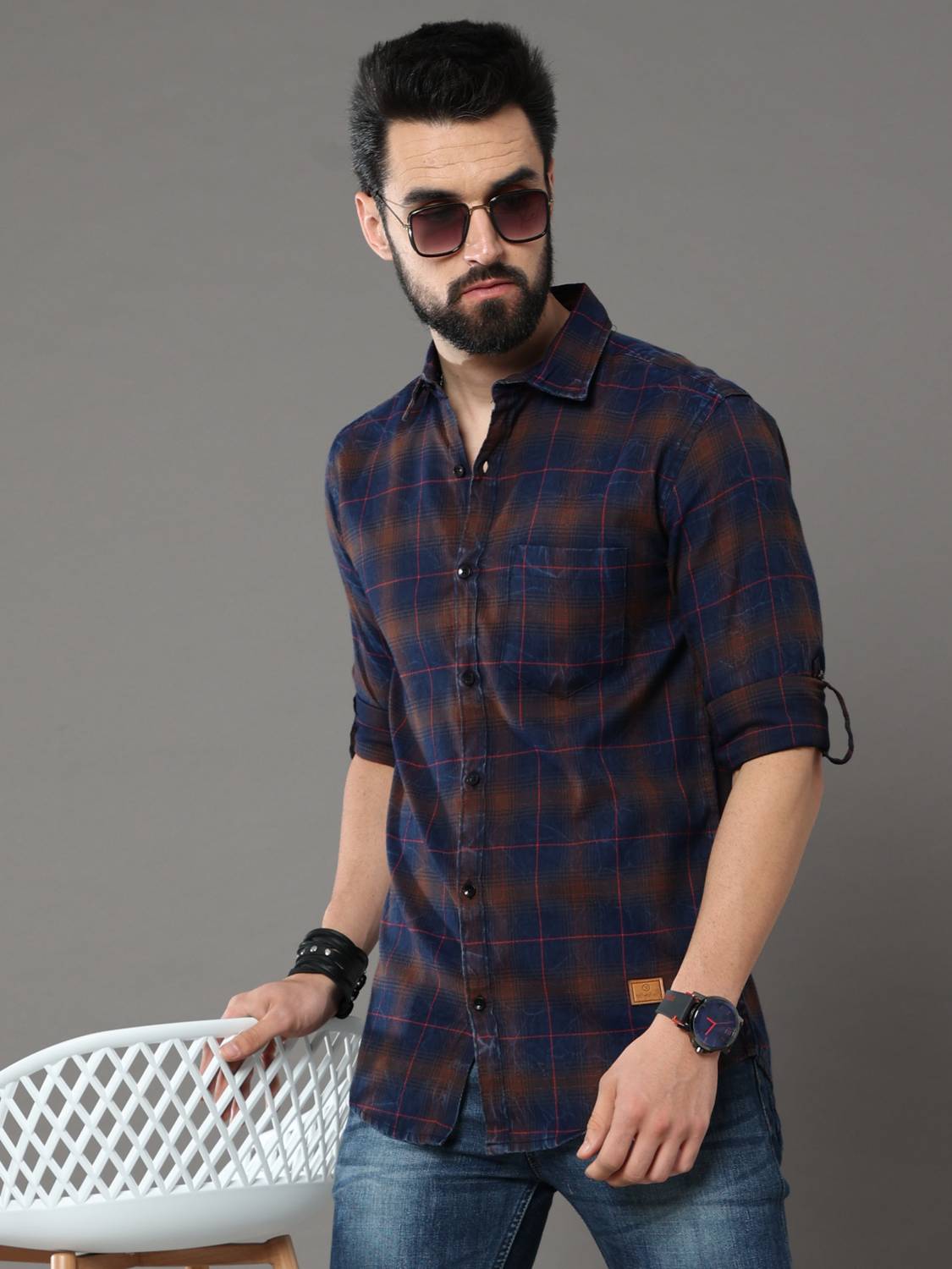 tallwalker Men Regular Fit Checkered Slim Collar Casual Shirt