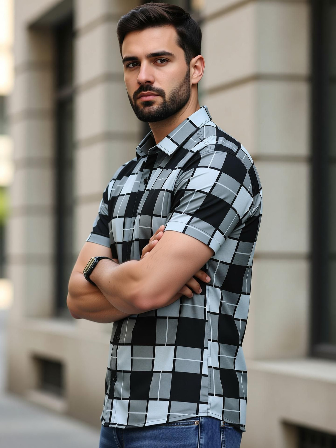 Image of DBEX Men Checkered Casual Black, Grey, Light Blue Shirt