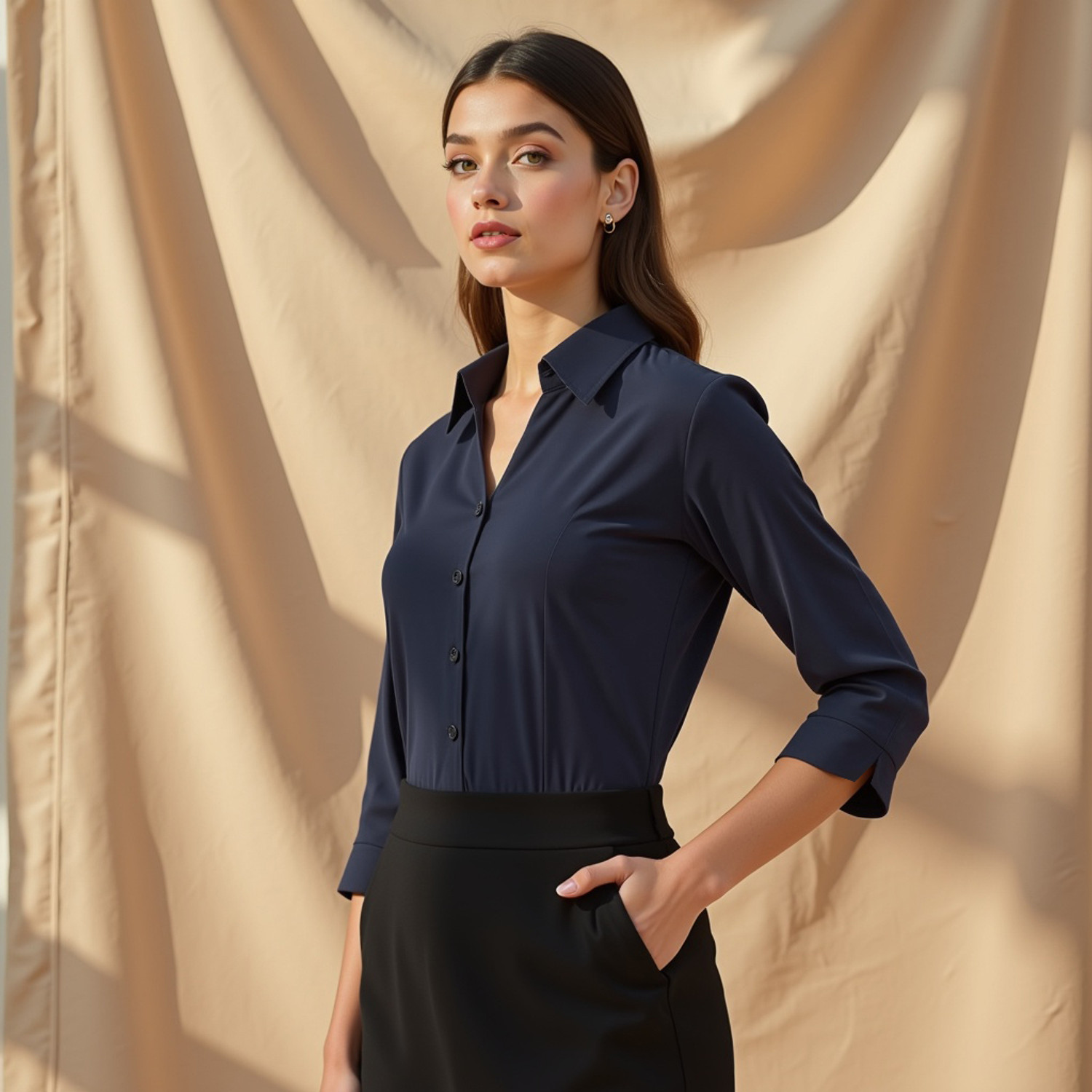 Image of kaarchop Women Solid Formal Dark Blue, White Shirt