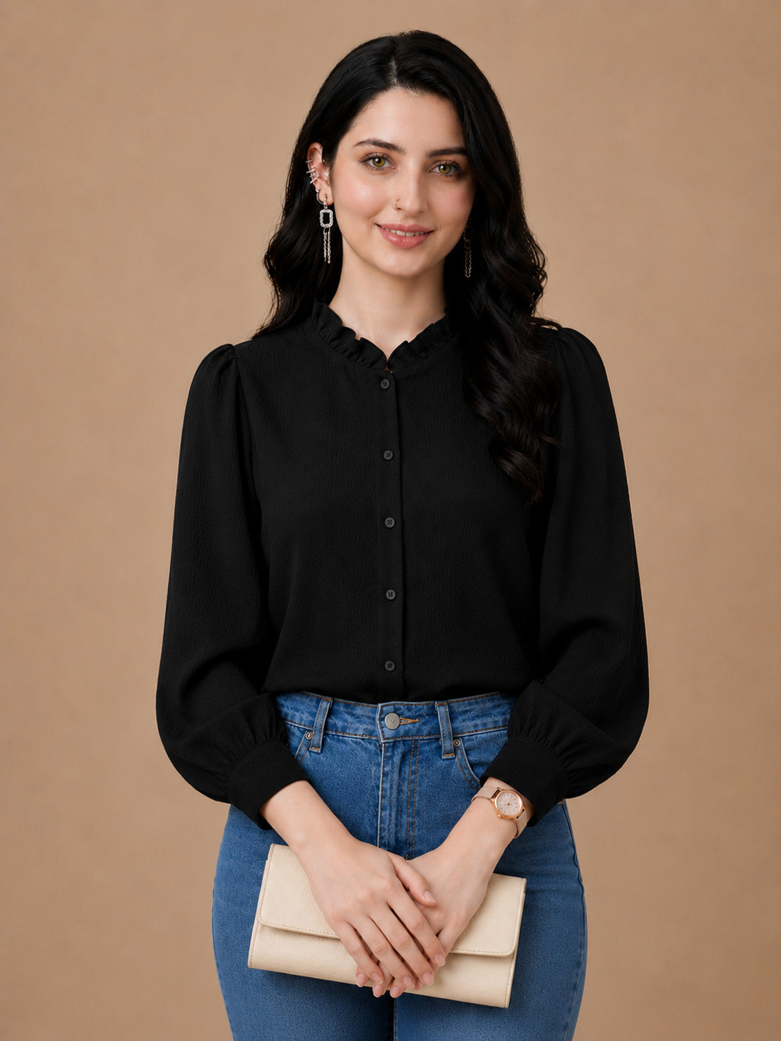 Image of fab & funky Women Solid Lounge Wear Black Shirt