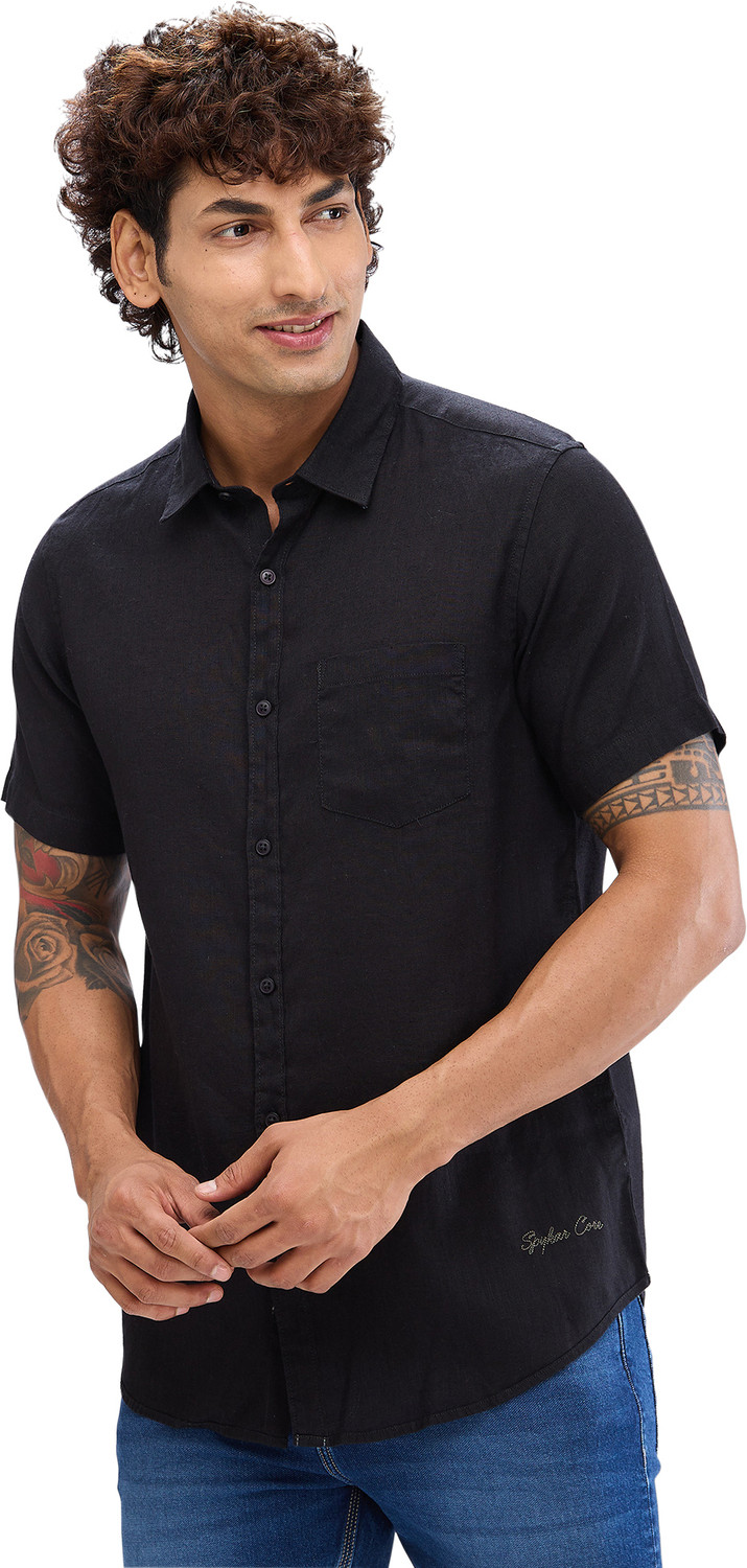 Image of Spykar Men Solid Casual Black Shirt