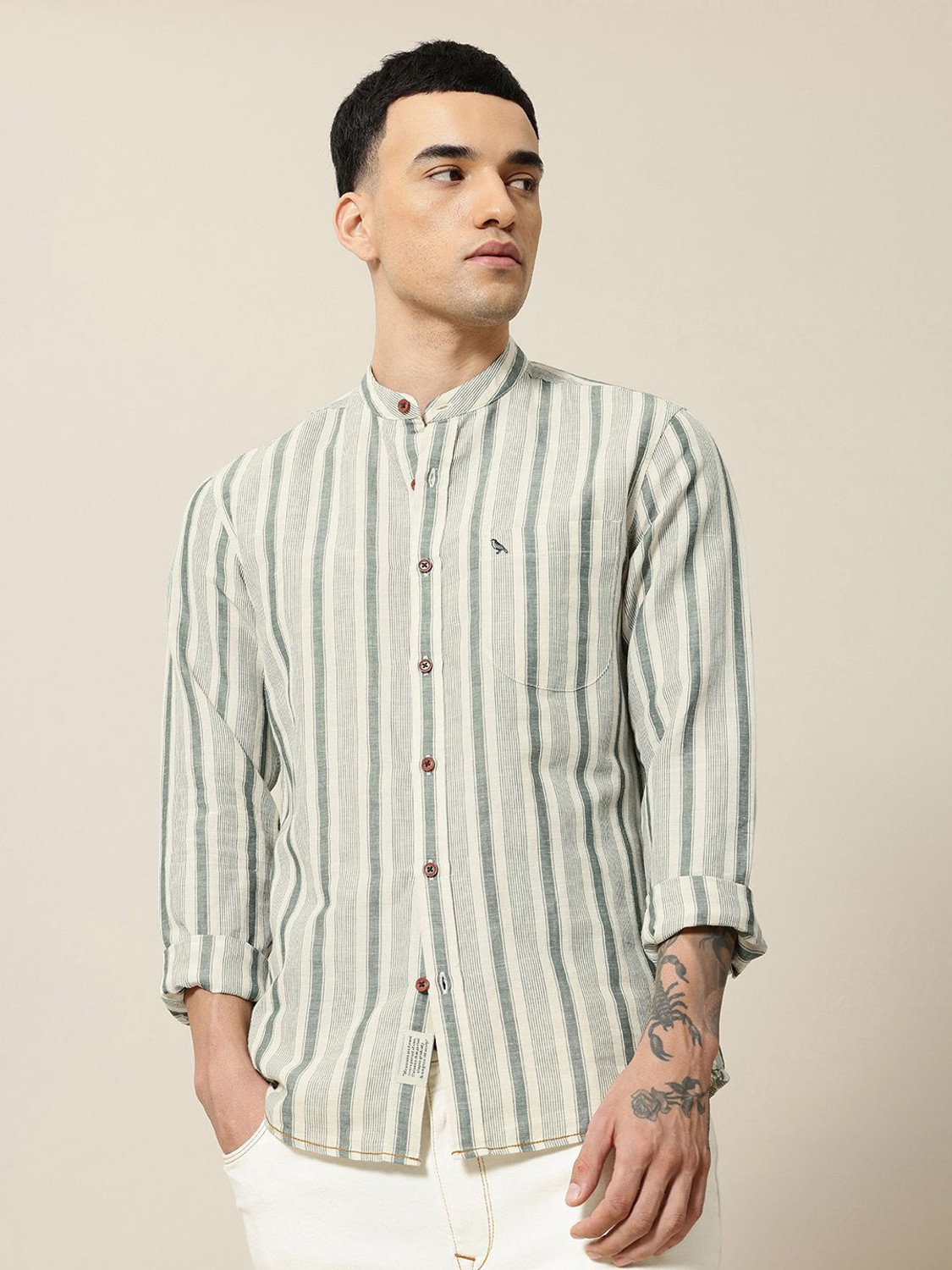 Image of Mr Bowerbird Men Striped Casual Beige Shirt