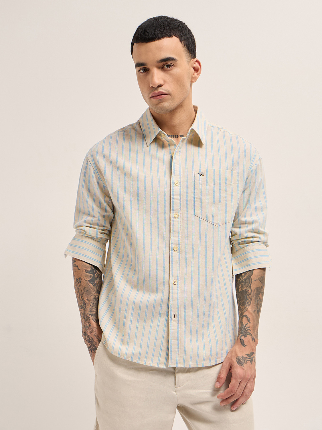 Image of THE BEAR HOUSE Men Striped Casual Blue Shirt