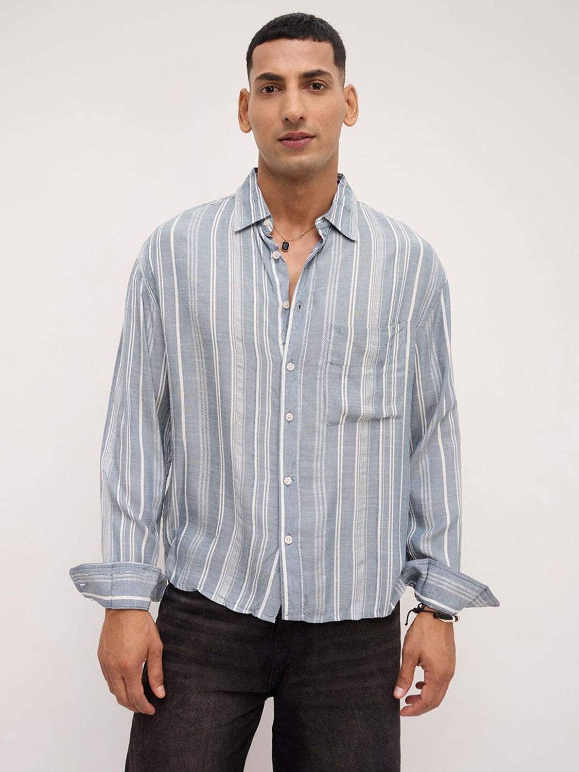 Image of VASTRADO Men Oversized Fit Striped Cut Away Collar Casual Shirt