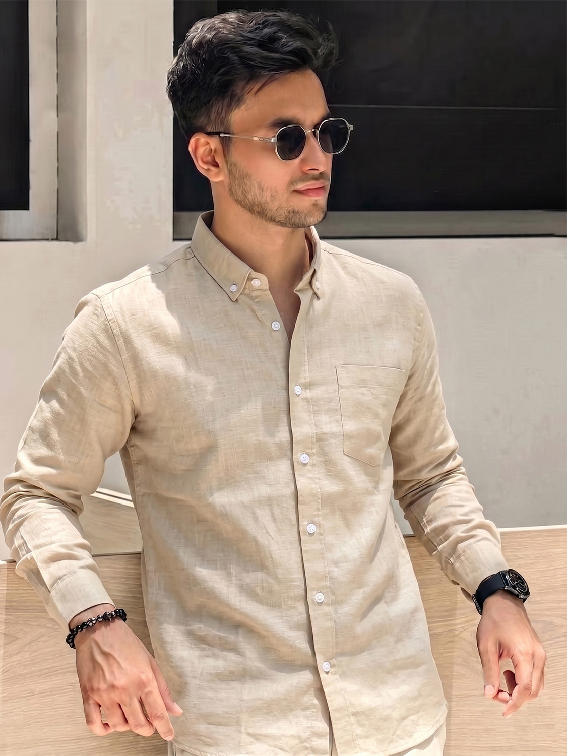 Image of METRONAUT Men Solid Casual Beige Shirt