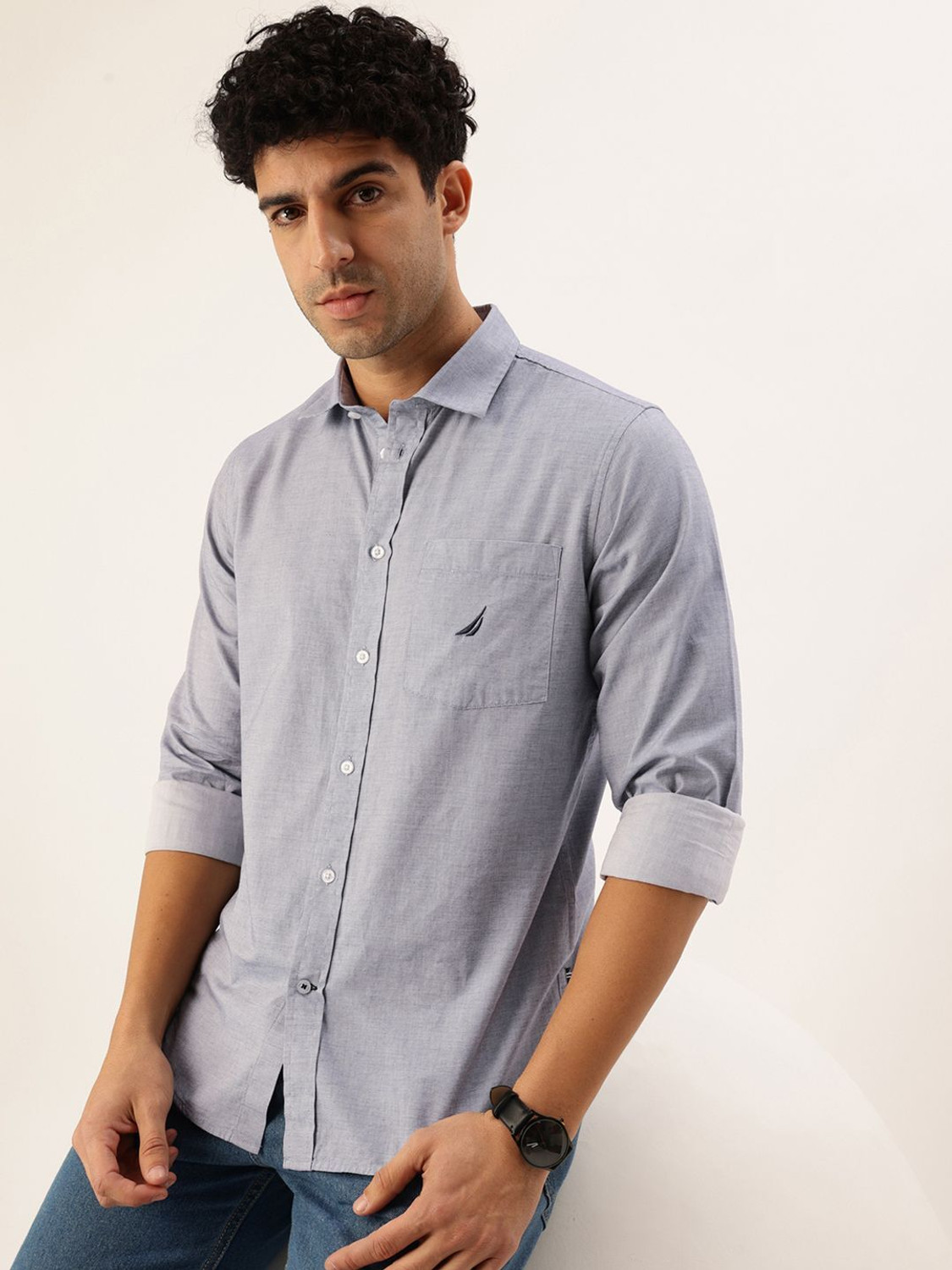 NAUTICA Men Solid Casual Grey Shirt