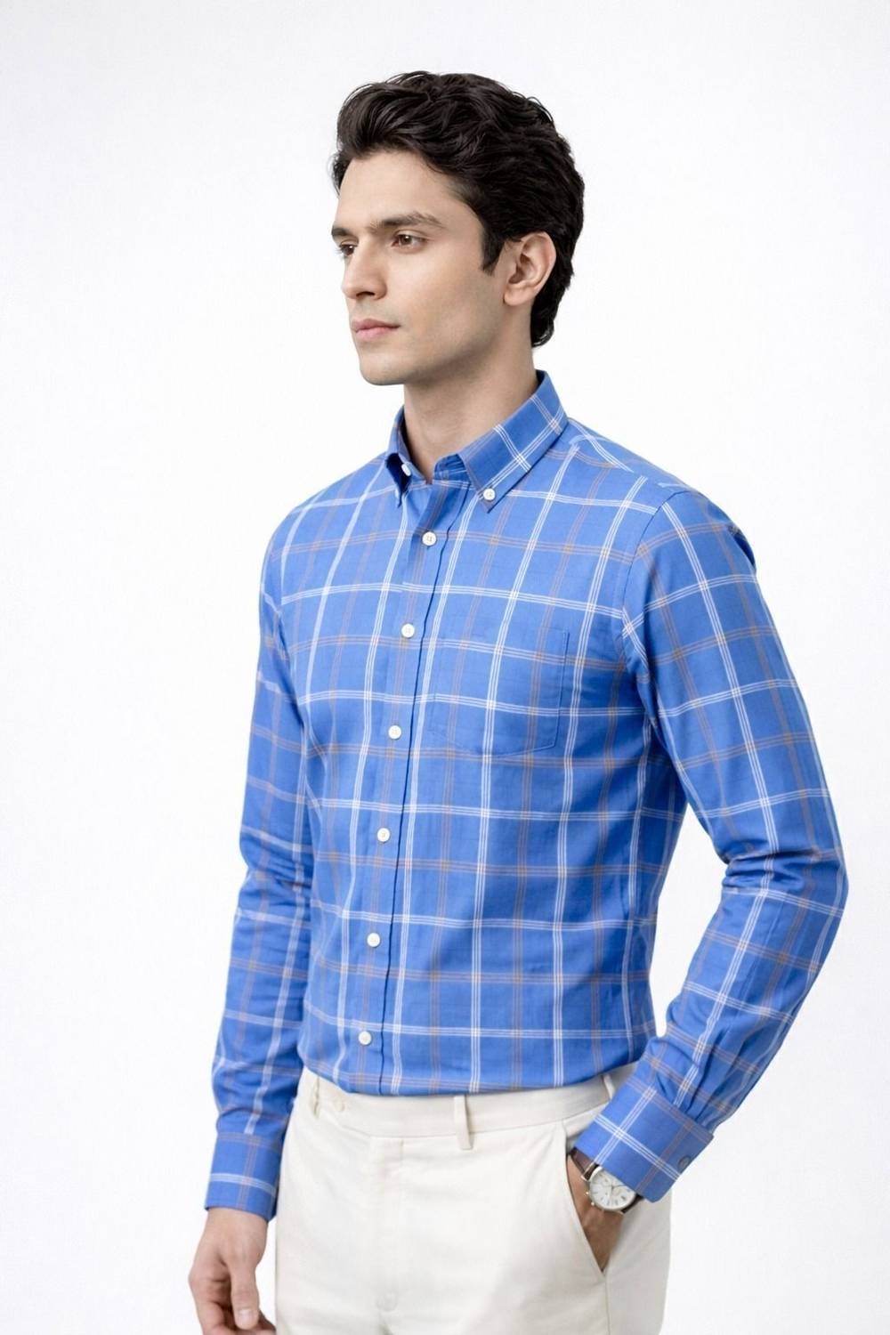 CAMBREEN Men Checkered Casual Blue Shirt