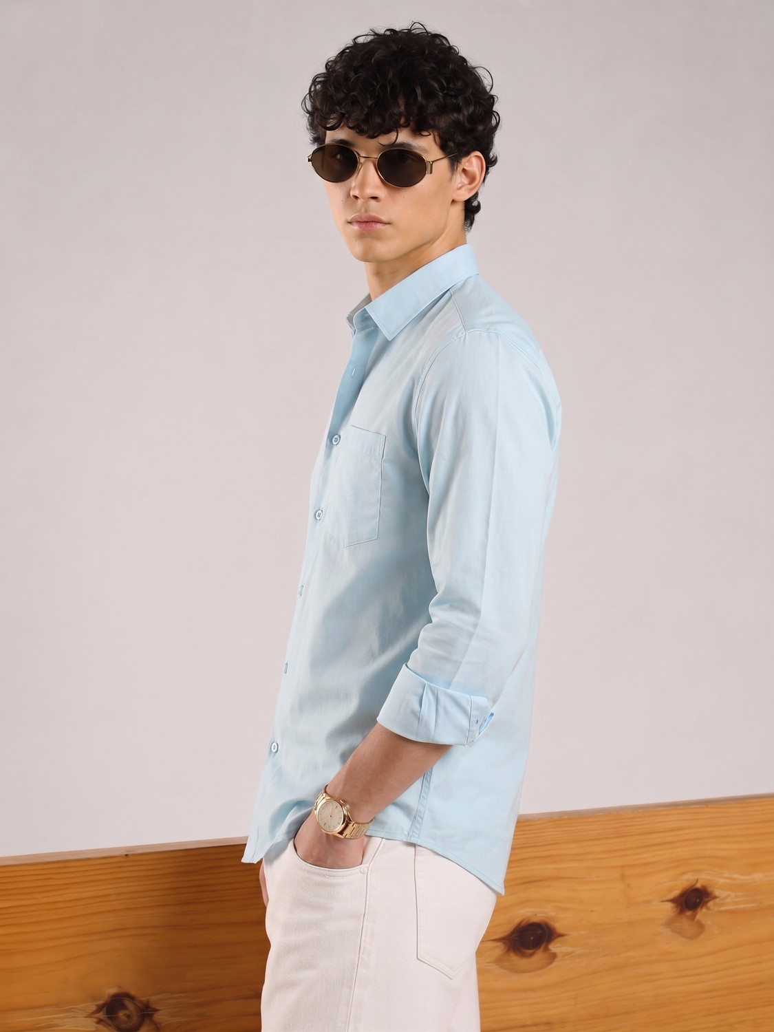 Image of Roadster Men Solid Casual Light Blue Shirt