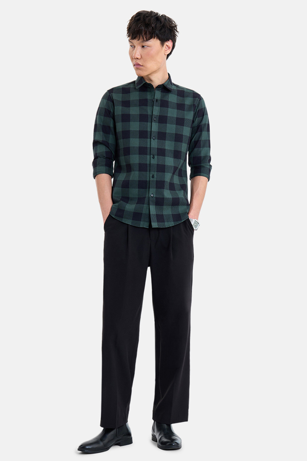Image of Snitch Men Checkered Casual Dark Green Shirt