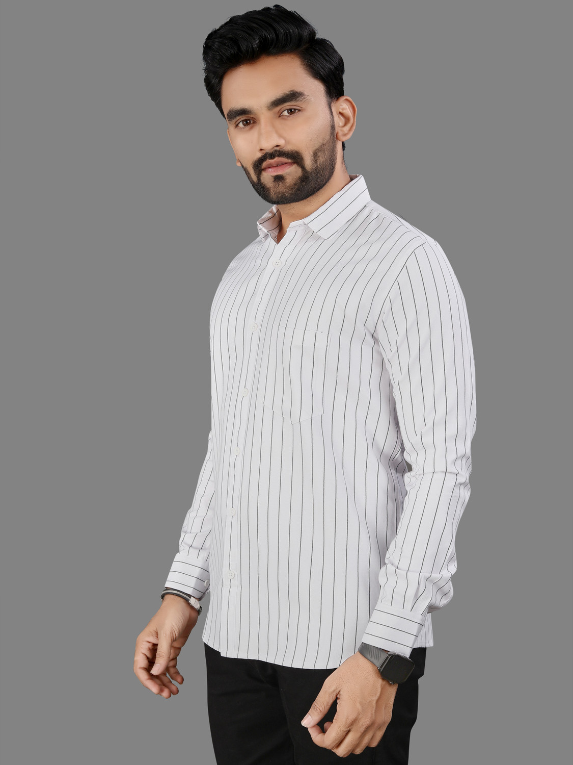 Image of MILDIN Men Striped Formal White Shirt