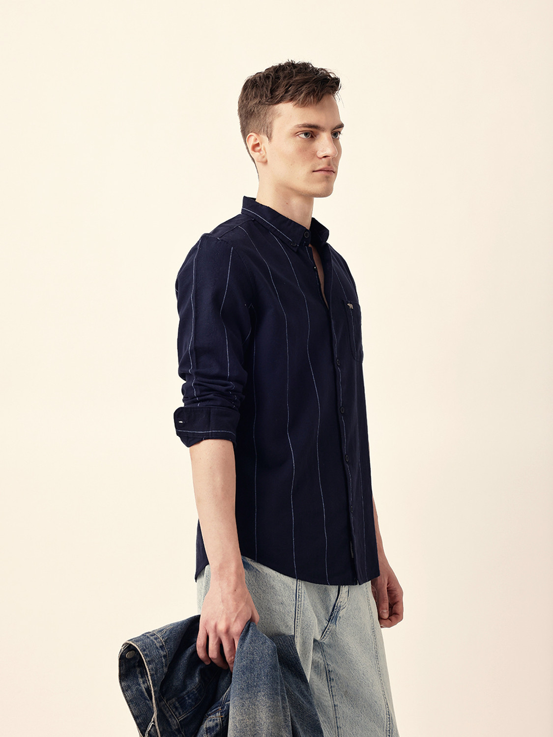 Image of THE BEAR HOUSE Men Striped Casual Dark Blue Shirt