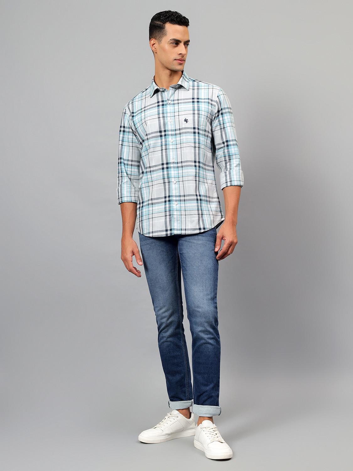 Image of CANTABIL Men Checkered Casual Grey Shirt