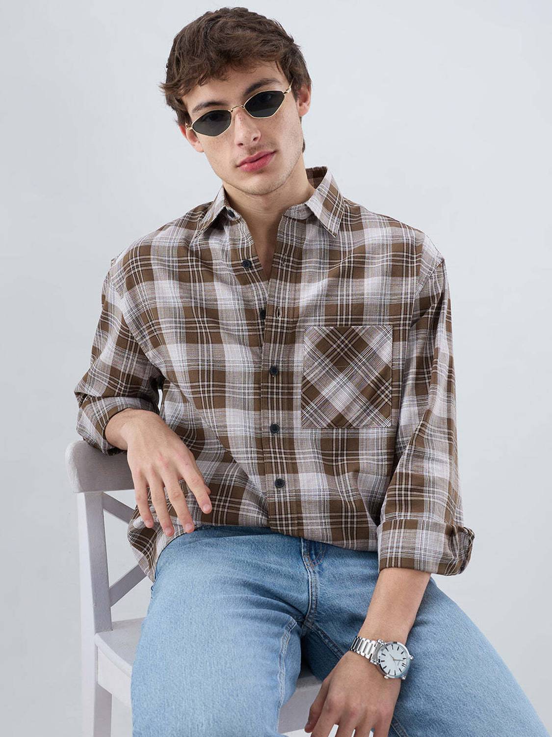 VASTRADO Men Checkered Casual Brown Shirt - Image 1