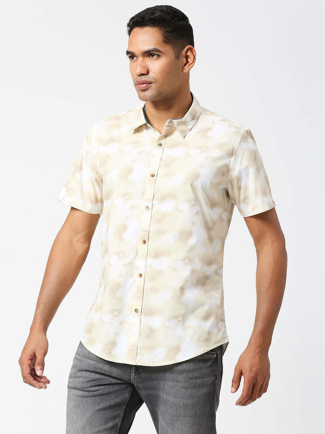 Image of Pepe Jeans Men Printed Casual Beige Shirt