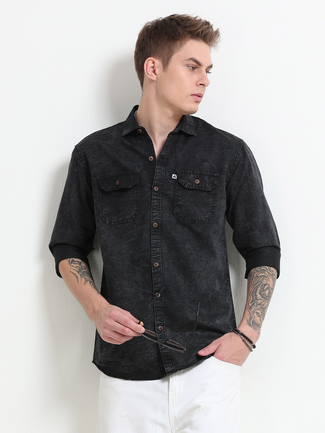 Image of AIDAN PAUL Men Washed Casual Black Shirt