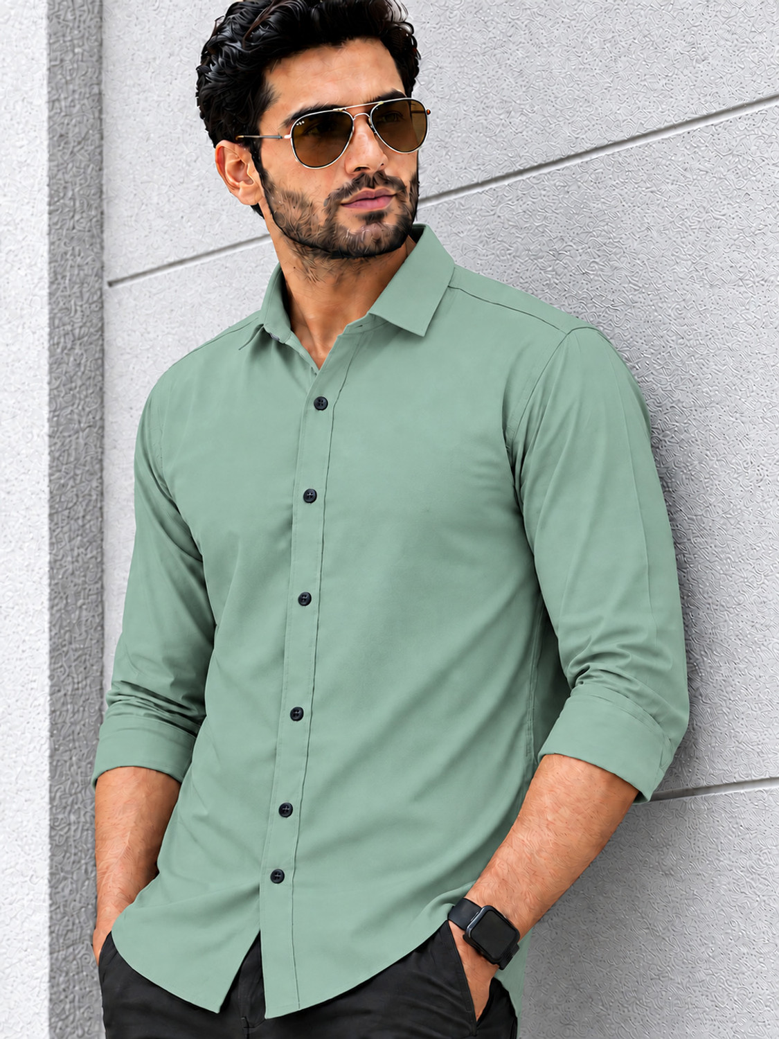 Image of HOYTOCHE Men Regular Fit Solid Spread Collar Formal Shirt