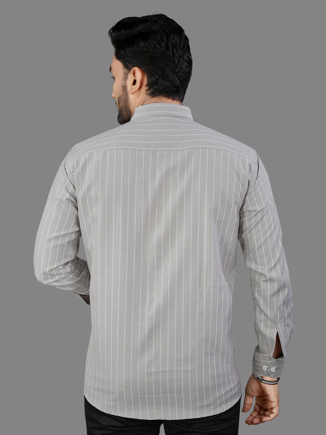 Image of MILDIN Men Striped Formal Grey Shirt