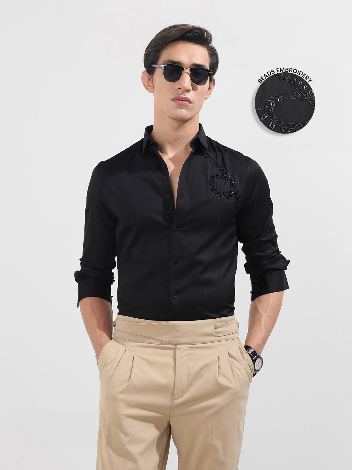Image of The Indian Garage Co. Men Slim Fit Embellished Cut Away Collar Party Shirt