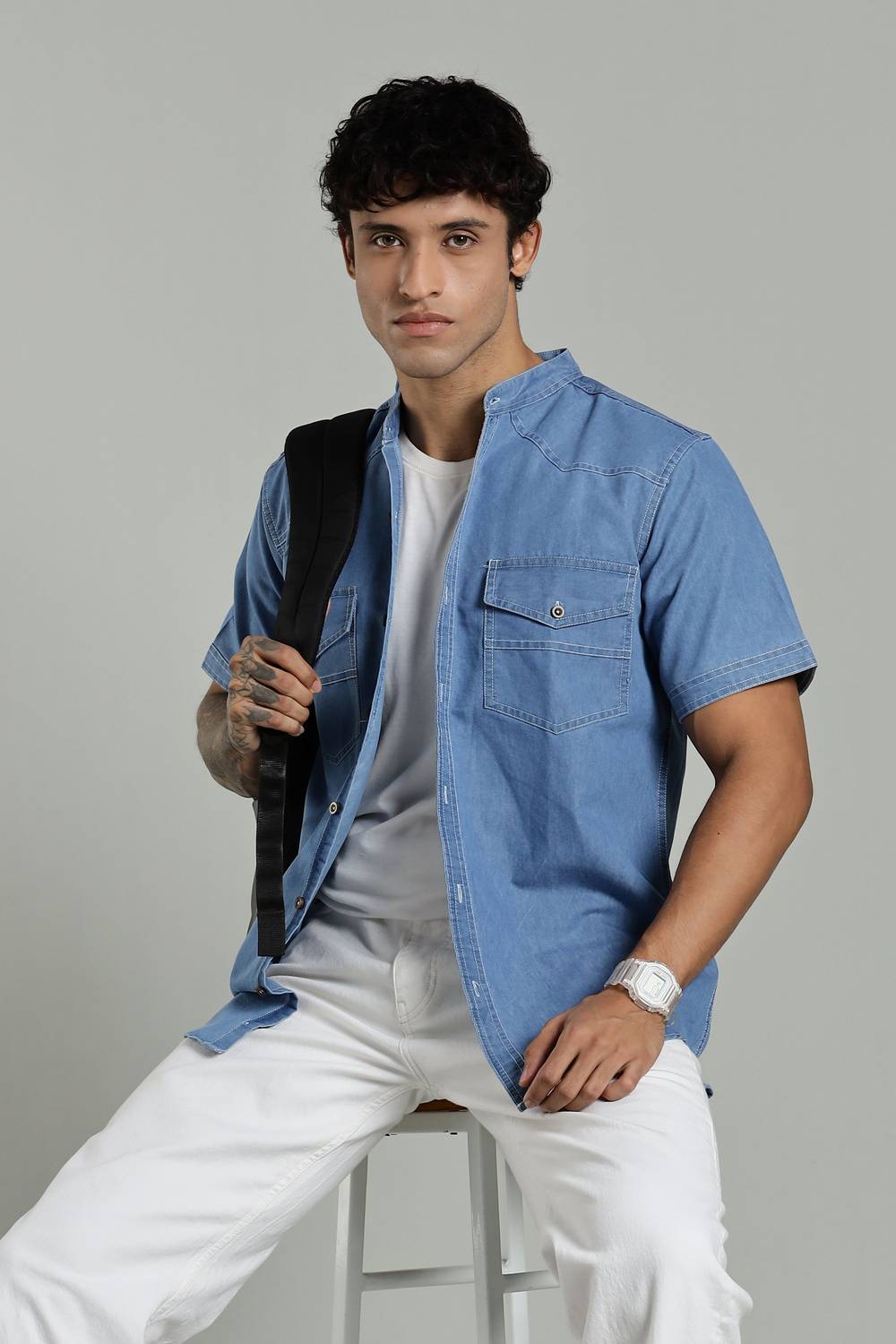 7th Legion Men Self Design Casual Light Blue Shirt